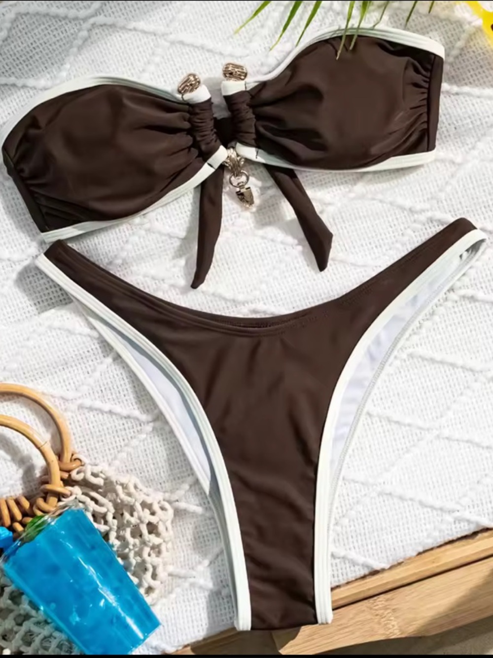Brown Bandeau Bikini Set with White Trim NWT